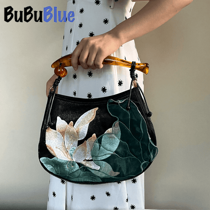 Lotus Embroidered Handbag with Fish Shape Handle