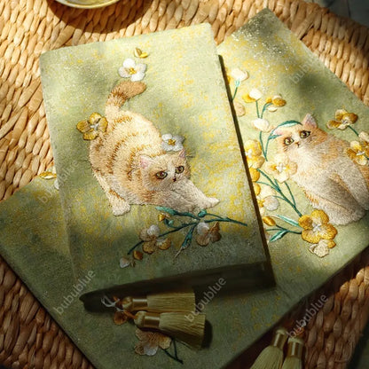 Embroidered Cute Cat Vintage Embroidered Original Handmade Book Sleeve Notebook/Journal (A5)