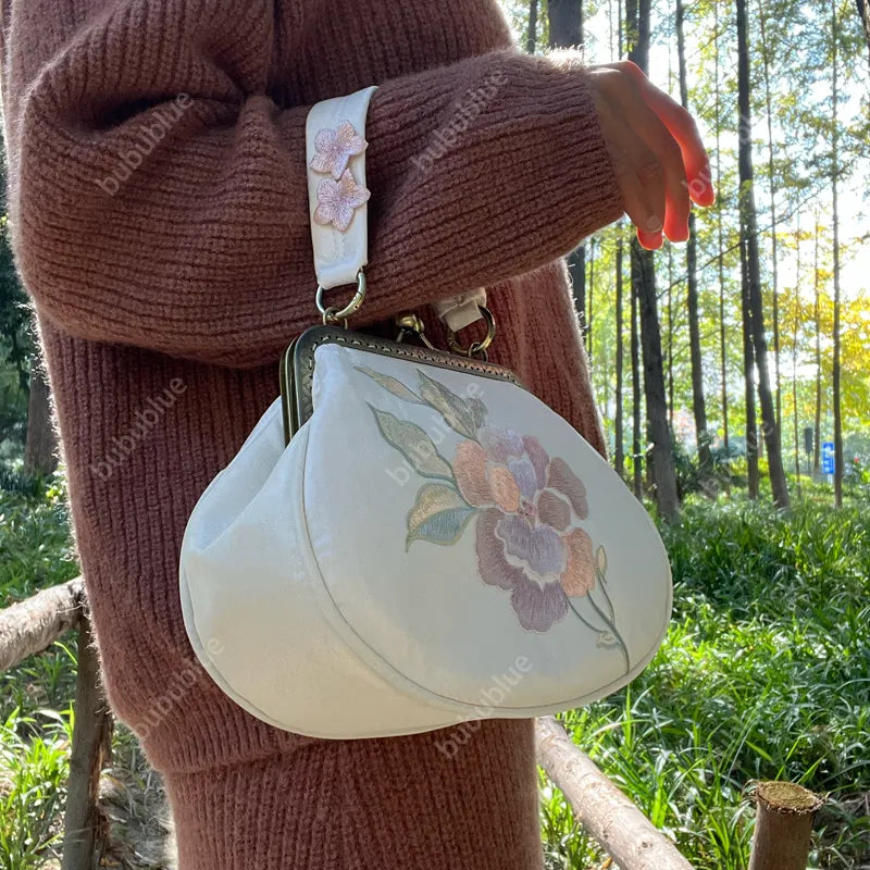 Vintage Begonia Embroidered Shell Satin Handbag with Pearl Chain