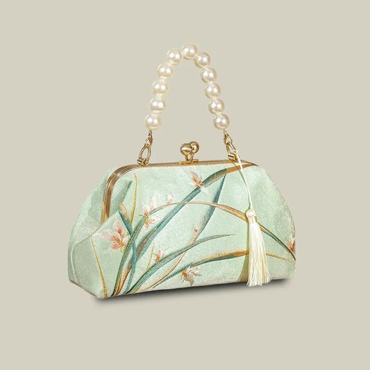 Orchid Bloom Embroidered Kiss-Lock Handbag with Pearl Handle