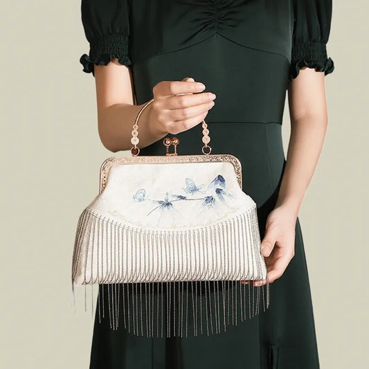 Butterfly Embroidered Tassel White Evening Bag