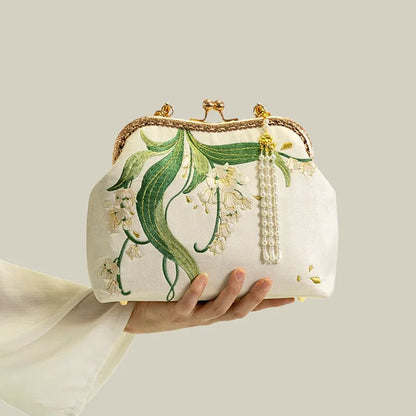 Lily of the Valley Embroidered Kiss-Lock White Handbag with Pearl Tassel