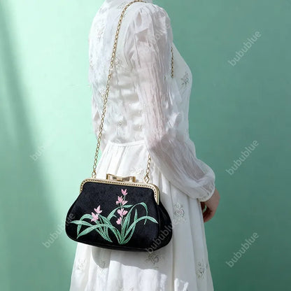 Vintage Orchid Embroidered Handbag with Metal Butterfly Lock