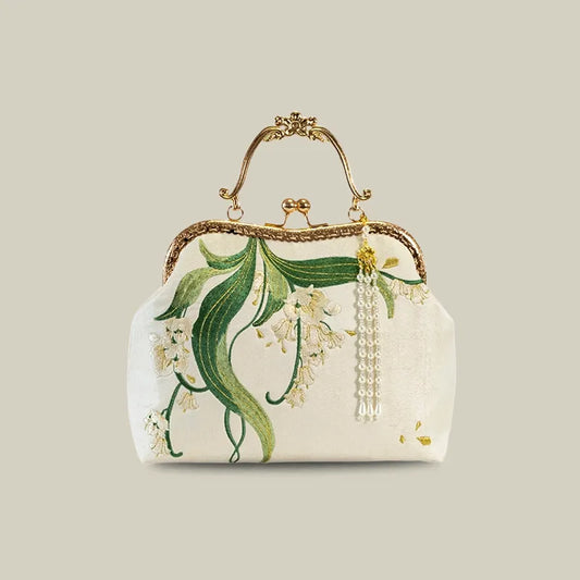 Lily of the Valley Embroidered Kiss-Lock White Handbag with Pearl Tassel