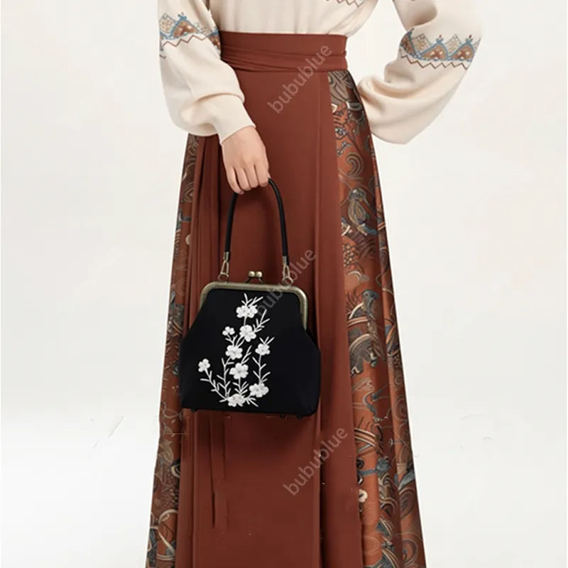 Milk Silk White Nightshade Embroidered Small Square Bag With Leather Handle