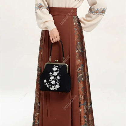 Milk Silk White Nightshade Embroidered Small Square Bag With Leather Handle