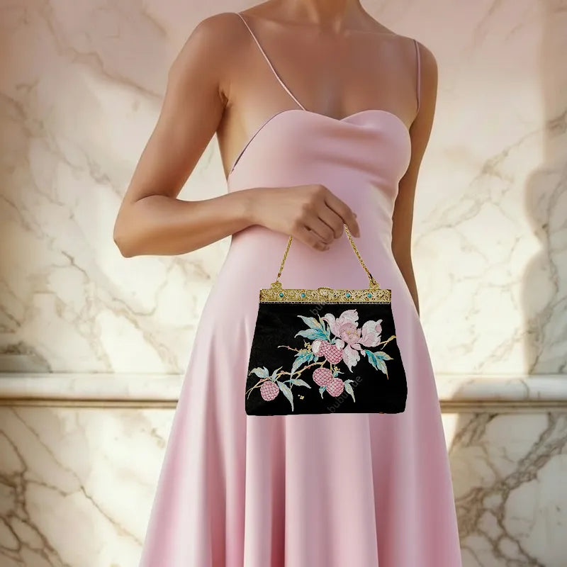 Vintage Lychee Embroidered Satin Handbag with Metal Beads