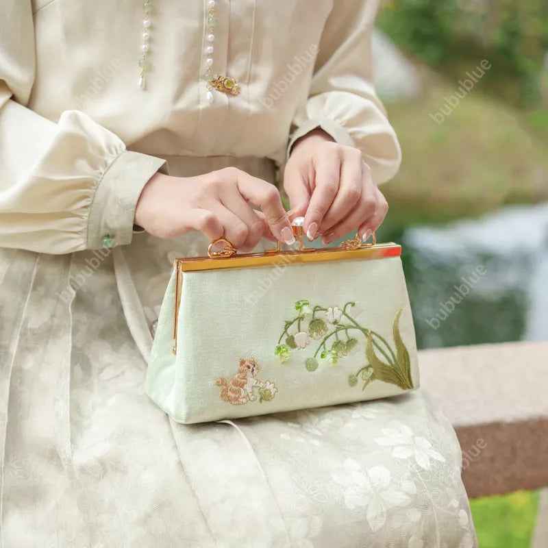 Vintage Lily of the Valley Embroidery Clutch Bag with Pearl Kiss Lock