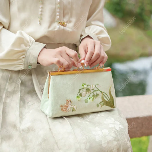 Vintage Lily of the Valley Embroidery Clutch Bag with Pearl Kiss Lock