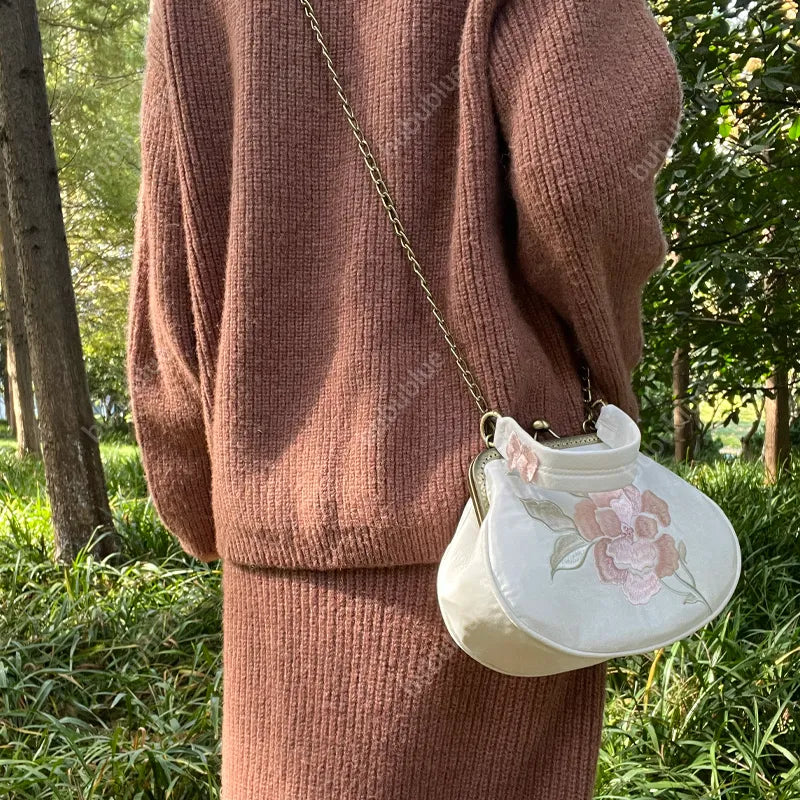 Vintage Begonia Embroidered Shell Satin Handbag with Pearl Chain