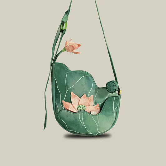 Green Lotus Embroidered Shoulder Bag