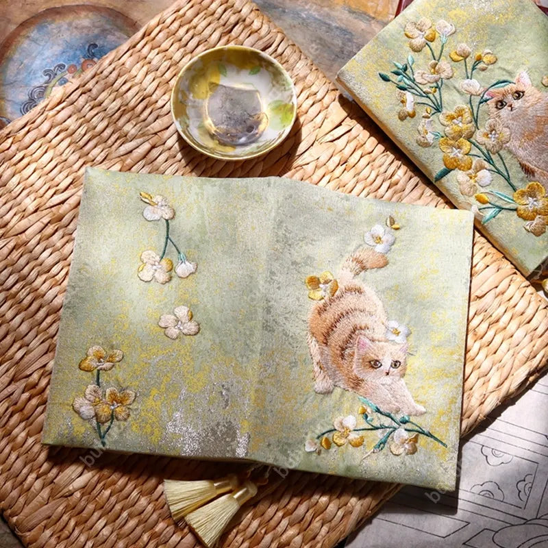 Embroidered Cute Cat Vintage Embroidered Original Handmade Book Sleeve Notebook/Journal (A5)