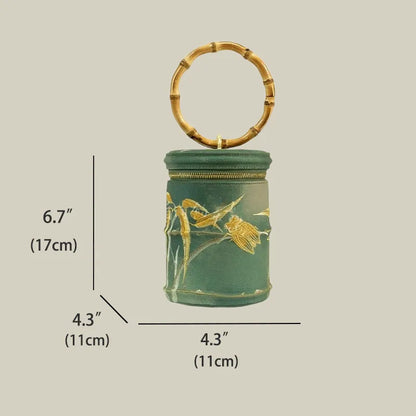 Cicada Song Embroidered Green Mini Bucket Bag