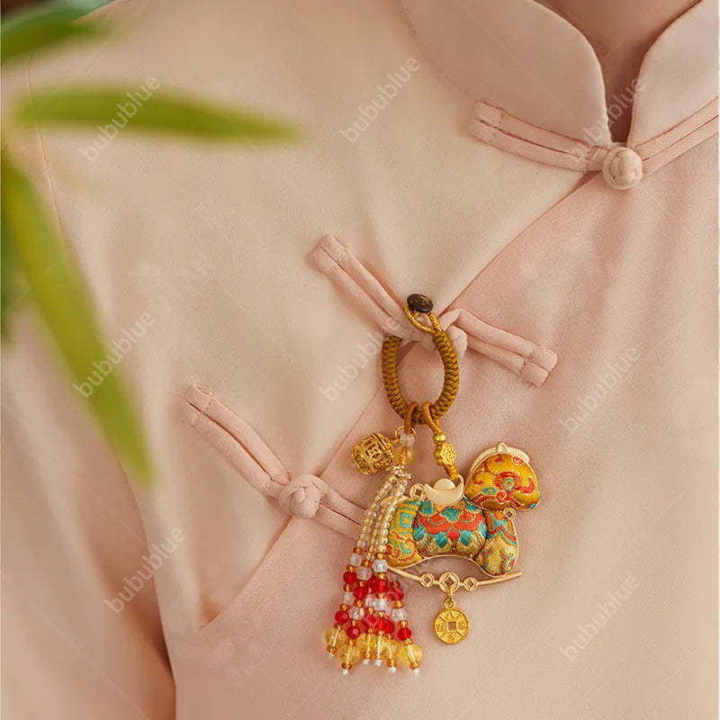 Song Brocade Horse-Shaped Sachet Keychain/Bag Charm With Hollow Aromatherapy Ball