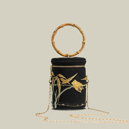 Cicada Song Embroidered Green Mini Bucket Bag