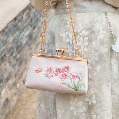 Orchid Vintage Embroidered Pink Handbag with Pearl Kiss