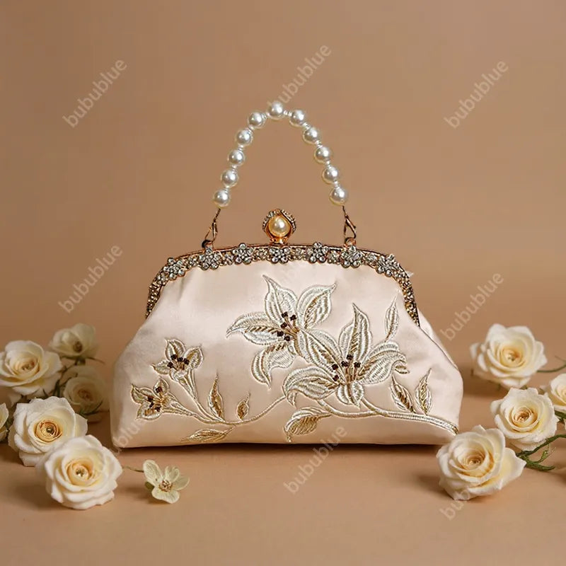 Lily Embroidered Handbag with Pearl Handle
