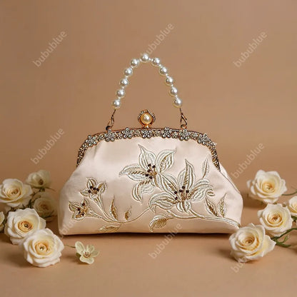 Lily Embroidered Handbag with Pearl Handle