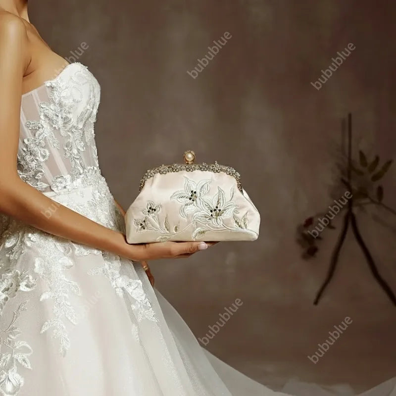 Lily Embroidered Handbag with Pearl Handle