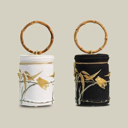 Cicada Song Embroidered Green Mini Bucket Bag