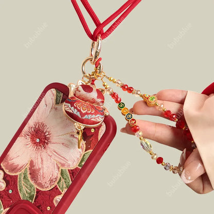 Song Brocade Lucky Cat Charm Bag Pendant with Beads