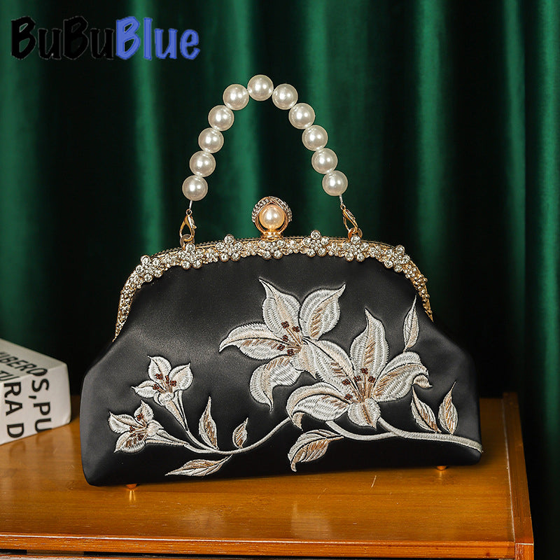 BUBUBLUE Chinese Style Embroidery Cheongsam Handbag Elegant Pearl Clutch Bag