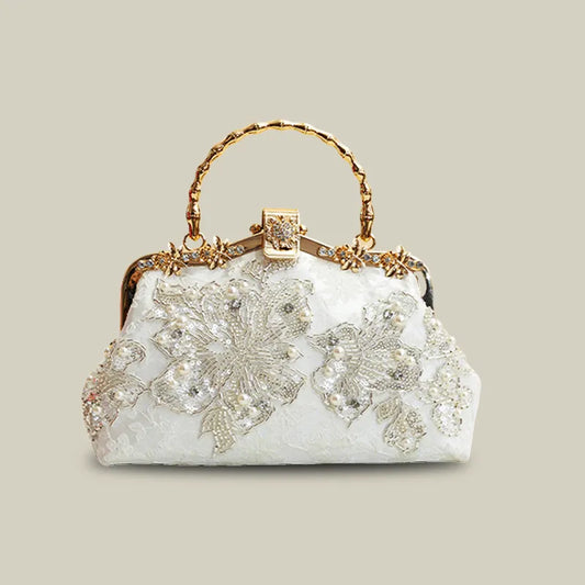 White Floral Embroidery Evening Handbag
