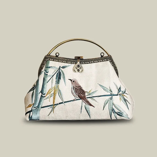 Magpie and Bamboo Embroidered Handbag with Metal Handle