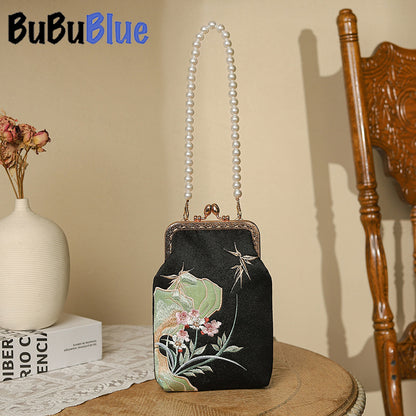 BUBUBLUE Chinese Style Embroidered Cheongsam Handbag Pearls Chain Crossbody Phone Bag