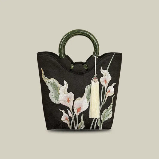 Calla Lily Embroidered Tote Bag with Vintage Green Acrylic Handle