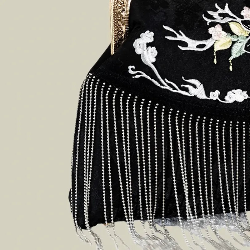 Floral Embroidered Vintage Black Evening Bag with Tassel