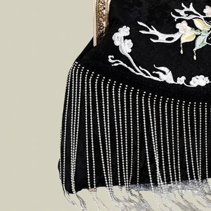 Floral Embroidered Vintage Black Evening Bag with Tassel
