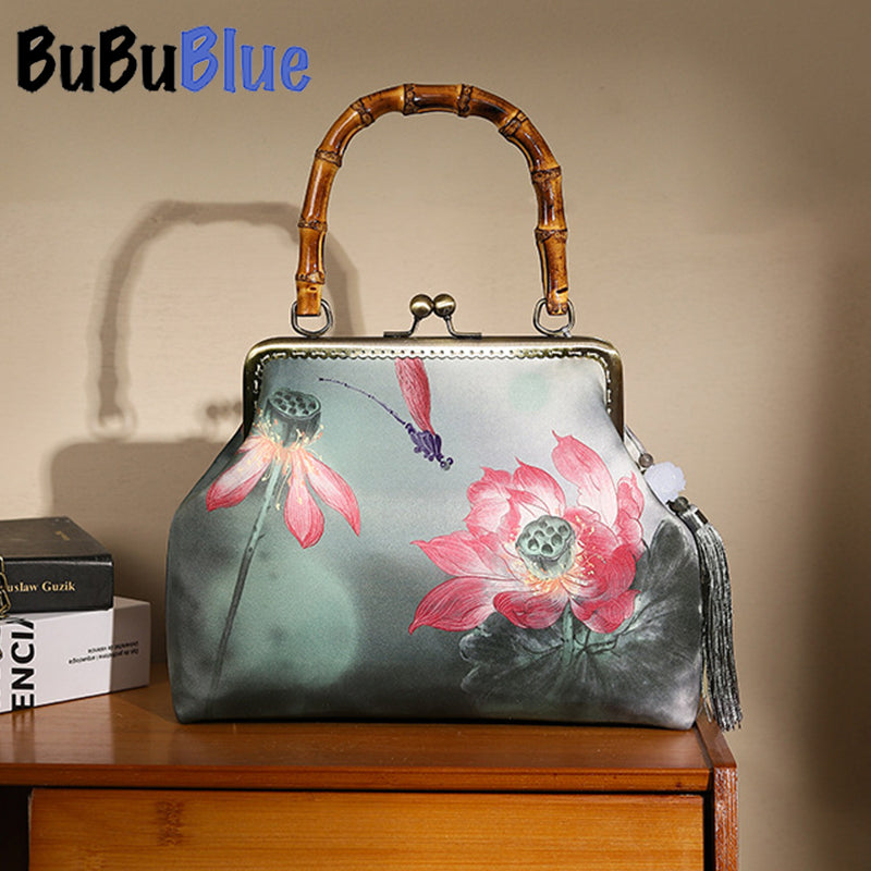 BUBUBLUE Chinese Style Wooden Handle Cheongsam Handbag Lotus  Printed Large Capacity