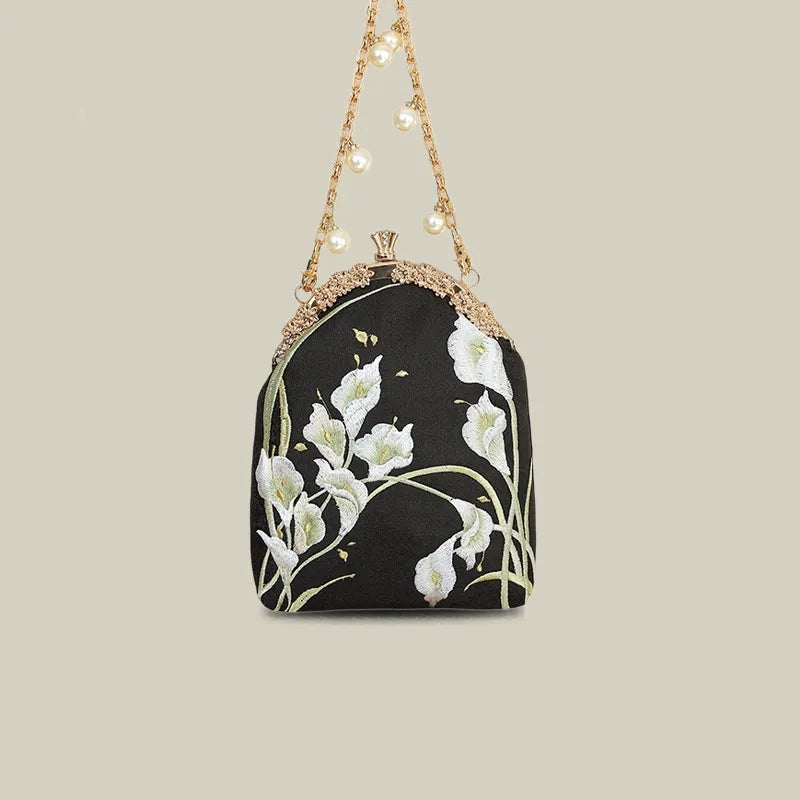 Calla Lily Embroidered Pearl Chain Handbag