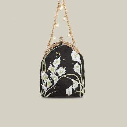 Calla Lily Embroidered Pearl Chain Handbag