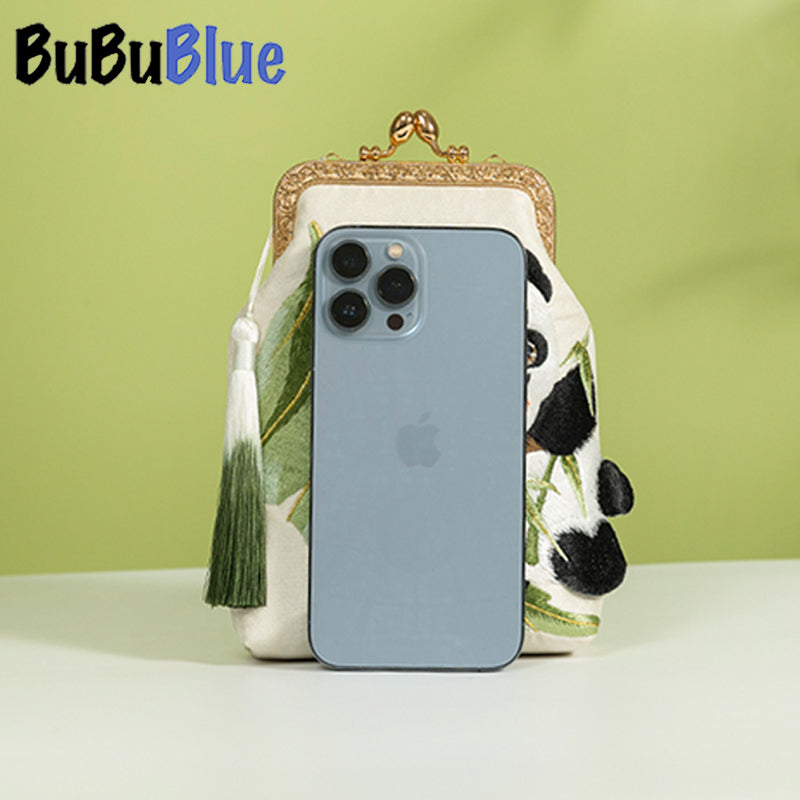 BUBUBLUE Chinese Style Original Handmade Cute Panda Embroidered  White Handbag Women Pearl Chain Mobile Phone Sling Bag Women