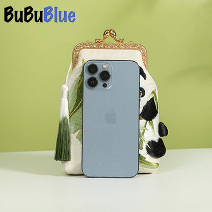 BUBUBLUE Chinese Style Original Handmade Cute Panda Embroidered  White Handbag Women Pearl Chain Mobile Phone Sling Bag Women