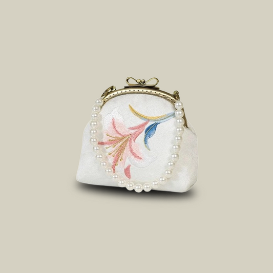 Pearl Chain Lily Embroidered Mini Purse with Bow Metal Kiss-Lock