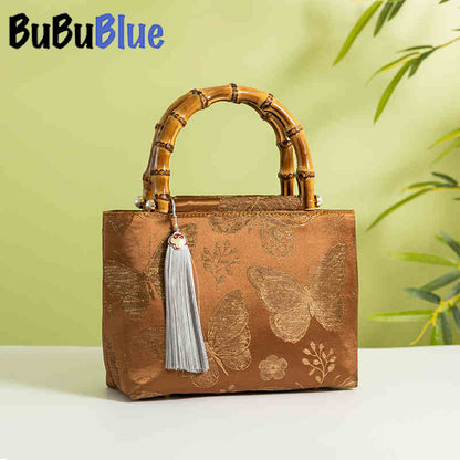 BUBUBLUE Chinese Style Handmade Brocade Handbag Women Aesthetic Simple Classic Wooden Handle Vintage Cheongsam Tote Bag(Green/Black/Brown)