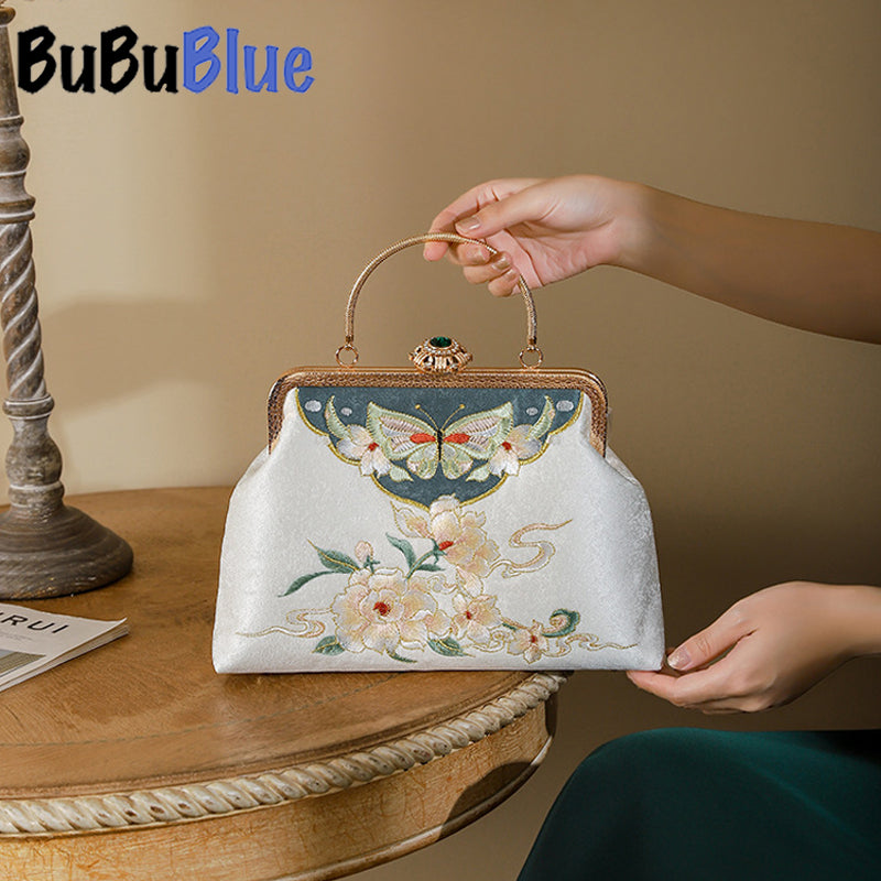 BUBUBLUE Chinese Style Embroidered White Vintage Square Cheongsam Handbag With Long Chain