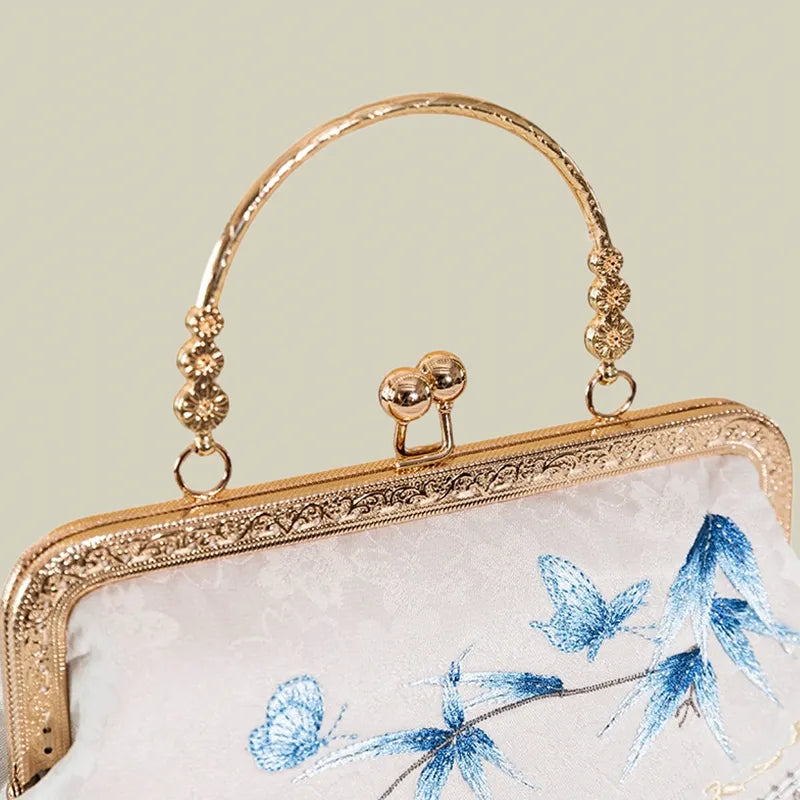 Butterfly Embroidered Tassel White Evening Bag