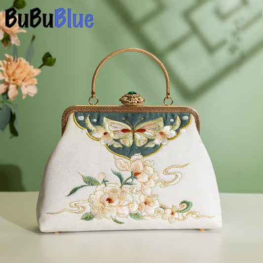 BUBUBLUE Chinese Style Embroidered White Vintage Square Cheongsam Handbag With Long Chain