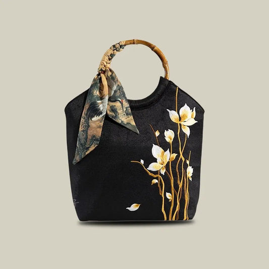 Floral Embroidered Tote Bag with Bamboo Handle & Silk Scarf