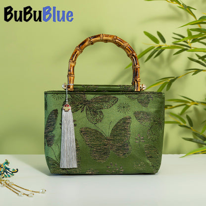 BUBUBLUE Chinese Style Handmade Brocade Handbag Women Aesthetic Simple Classic Wooden Handle Vintage Cheongsam Tote Bag(Green/Black/Brown)