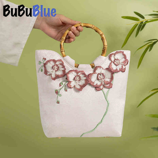 BUBUBLUE Chinese Style Bamboo Handle White 3D Embroidery Tote Bag Women With Cheongsam Tea Dress