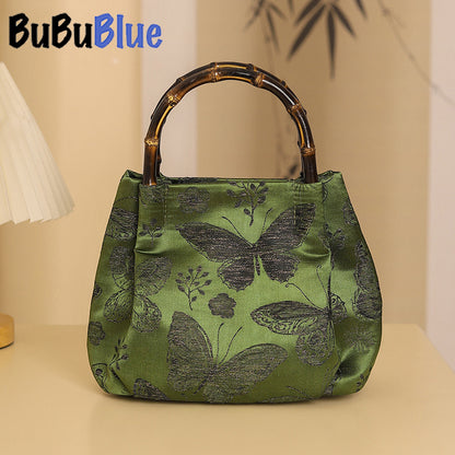 BUBUBLUE Chinese Style Handmade Wooden Handle Brocade Handbag Women Cheongsam Bag(Green/Black/Gold/Brown)