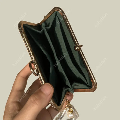 Green Blossom Mini Card Wallet with Pearl handle With Compartments
