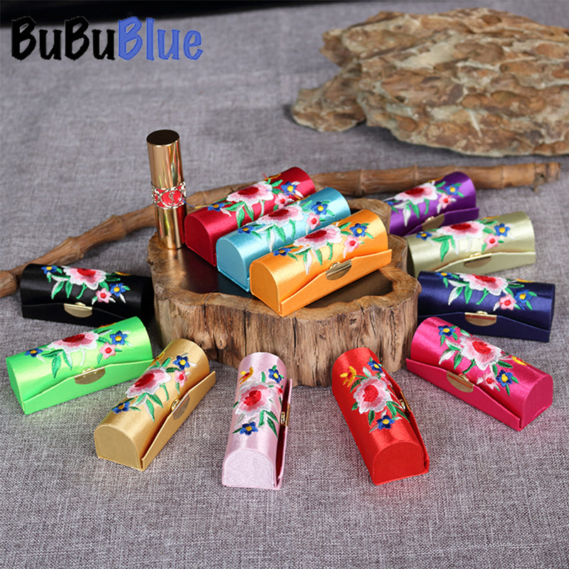 BUBUBLUE Chinese Style Embroidered Satin Lipstick Lipgloss Storage Box Creative Makeup Box Touch-Up Box With Mirror