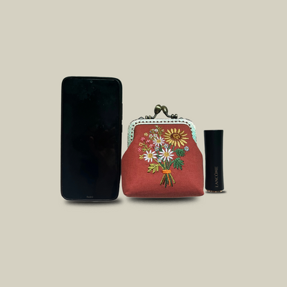 Hand-Embroidered Cotton Kiss Lock Coin Purse For Bank Cards