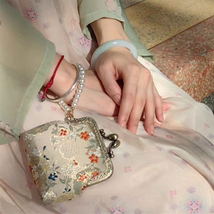 Pomegranate Blossom Brocade Coin Purse with Pearl Handle